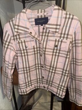 Burberry Pink Plaid Cotton Jean Jacket with Brown and Light Blue Accents